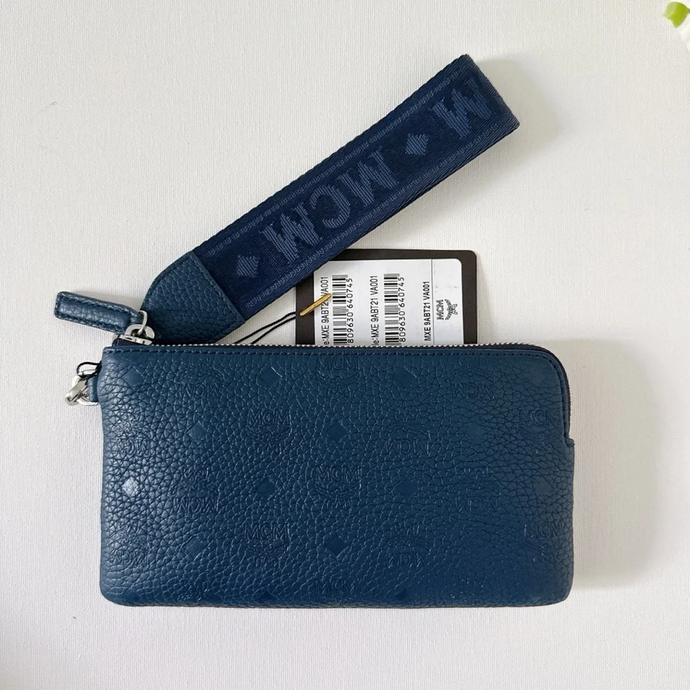 MCM Navy Blue Leather Wristlet with Logo Webbing Strap - Picture 2 of 7